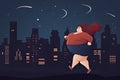 Vector illustration with a young obese woman running against the background of a night city