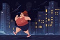 Vector illustration with a young obese woman running against the background of a night city