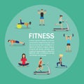 Vector illustration of young people doing workout with equipment. Infographic Royalty Free Stock Photo