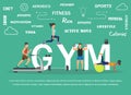 Vector illustration of young people doing workout with equipment. Flat design . Royalty Free Stock Photo