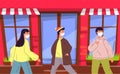 Vector illustration of young people in face medical mask walking in public place during pandemia