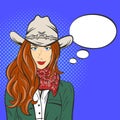 Vector illustration of young pretty girl in cowboy hat. Pop art