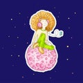 Vector Illustration of Young redhead Girl with Headphones, sitting on pink cartoon moon and listening music. Teenage Royalty Free Stock Photo