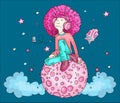 Vector Illustration of Young redhead Girl with Headphones, sitting on pink cartoon moon among two clouds, stars and Royalty Free Stock Photo