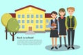 Vector illustration of a young school kids and school building. Back to school template. Royalty Free Stock Photo