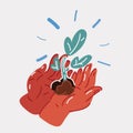 Vector illustration of Young seedling in hands. Green plant. Royalty Free Stock Photo