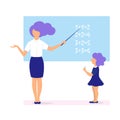 Vector illustration of a young teacher leads a lesson, a student decides an example at the blackboard