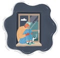 Vector illustration of young teenager is sitting on a window and into deeply thinking.