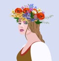 Vector illustration of young ukrainian woman in bright wreath with colorful wildflowers.