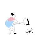Vector illustration of a young woman with a big hammer smashes a laptop