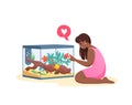 Vector illustration of young woman is communicating with fishes, best pet friends. Girl loves fishes, take care about