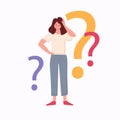 Young girl surrounded by a question mark. Vector illustration, Young woman doubts and questions everything.