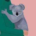 Vector illustration with a young woman of european appearance, who is holding a koala in her arms. Banner save koalas from fires
