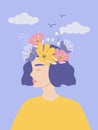 Vector illustration - a young woman with flowers in her hair. harmony, care for mental health, pacification