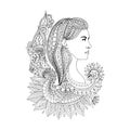 Vector illustration of young woman head with floral hair. Freehand coloring page book anti stress Royalty Free Stock Photo