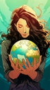 young woman holding earth in her hands.