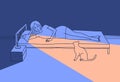 Vector illustration of a young woman lying on bed. Girl was awakened by a meowing cat. She switched on the Desk lamp Royalty Free Stock Photo