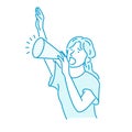 Vector illustration of a young woman making a loud voice using a megaphone