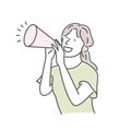 Vector illustration of a young woman making a loud voice using a megaphone