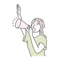 Vector illustration of a young woman making a loud voice using a megaphone