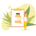 Vector illustration young woman nutritionist pointing at clipboard with bottle with dietary supplement. Healthy balanced diet