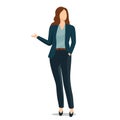 Vector illustration young woman pointing showing with her hand. People in business technology education learning concept Royalty Free Stock Photo