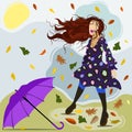 Vector illustration of young woman walking outdoors among autumn leaves. The wind tore the umbrella from her hands