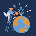 Vector illustration of a young woman watering flower on earth globe over dark backround Royalty Free Stock Photo