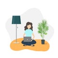 Vector flat illustration of young working woman on floor with laptop or computer in home.