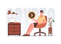 The concept of mining and extraction of bitcoin. The guy sits in a chair and holds a bitcoin coin in his hands