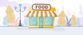 Fresh food store. Grocery store on the background of the city. Flat style. Vector. Royalty Free Stock Photo