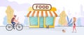 Fresh food store. Grocery store on the background of the city. Flat style. Vector. Royalty Free Stock Photo