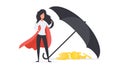 Girl with a red cloak. The umbrella covers a mountain of gold coins. Business and finance safety concept. Isolated. Vector