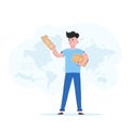 The guy holds a ticket and a passport in his hands. Travel concept. Trendy vector. Royalty Free Stock Photo