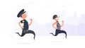 A policeman runs after a thief. The criminal escapes from the policeman. Cartoon style. Vector