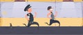 A prisoner escapes from prison. Escape the criminal. Policeman runs after the criminal. Cartoon style. Vector.