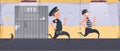 A prisoner escapes from prison. Escape the criminal. Policeman runs after the criminal. Cartoon style. Vector