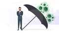 A virus-protected businessman is hidden under an umbrella. Virus attack on business. Vector illustration Royalty Free Stock Photo