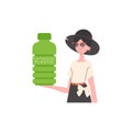 A woman holds a bottle made of biodegradable plastic in her hands. Concept of green world and ecology. Isolated. Fashion Royalty Free Stock Photo