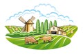 Landscape with mill and farm. Version Royalty Free Stock Photo