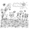 Vector illustration Zen tangl, cat sitting in the flowers. Doodle drawing . Coloring book anti stress for adults. Black