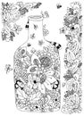 Vector illustration Zen Tangle with flowers bottle. Doodle flowers frame. Coloring book anti stress for adults. Black white.