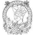 Vector illustration Zen Tangle girl with flowers. Doodle drawing. Coloring book anti stress for adults. Black and white.