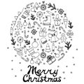 Vector illustration Zen Tangle, lettering Merry Christmas. Round set with elements. Royalty Free Stock Photo