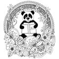 Vector illustration Zen Tangle panda with a book Floral circle frame. Doodle flower. Coloring book anti stress for adults. Black