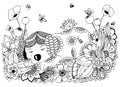 Vector illustration Zen Tangle, puppy sleeps in flowers. Doodle drawing. Royalty Free Stock Photo