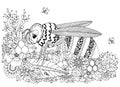 Vector illustration Zen Tangle, wasp and flowers. Doodle drawing. Coloring book anti stress for adults. Black white. Royalty Free Stock Photo