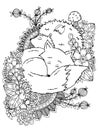 Vector illustration zentagl, hedgehog and fox sleeping in the flowers. Royalty Free Stock Photo