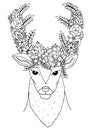Vector illustration zentangl. Doodle deer with flowers. Coloring page Anti stress for adults. Black white.