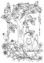 Vector illustration zentangl, fox and wood. Doodle drawing pen. Coloring page for adult anti-stress. Black white. Royalty Free Stock Photo